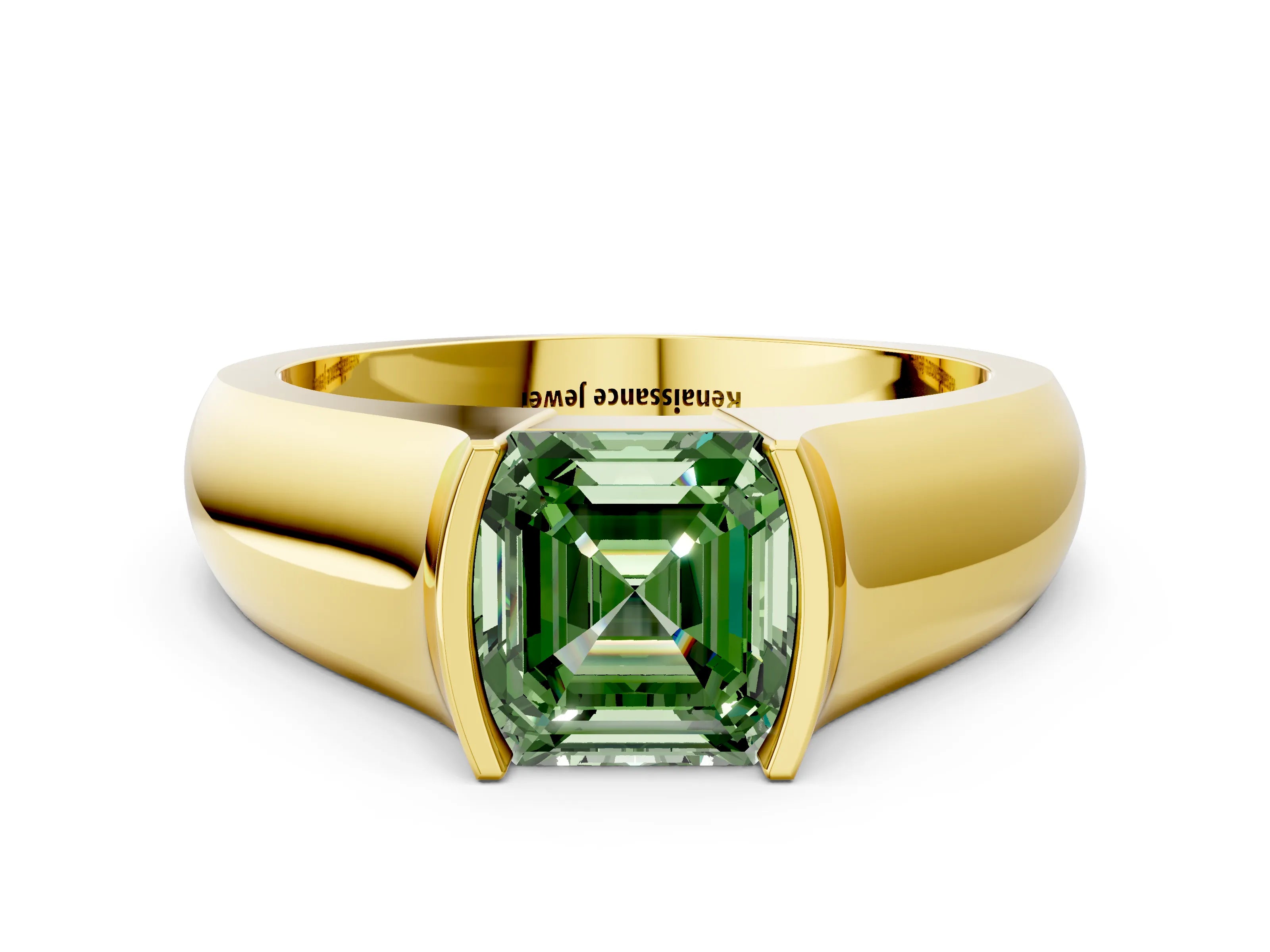 Yellow gold Fancy Green Asscher Cut Solitaire Bezel Set Diamond Ring with Wide Band