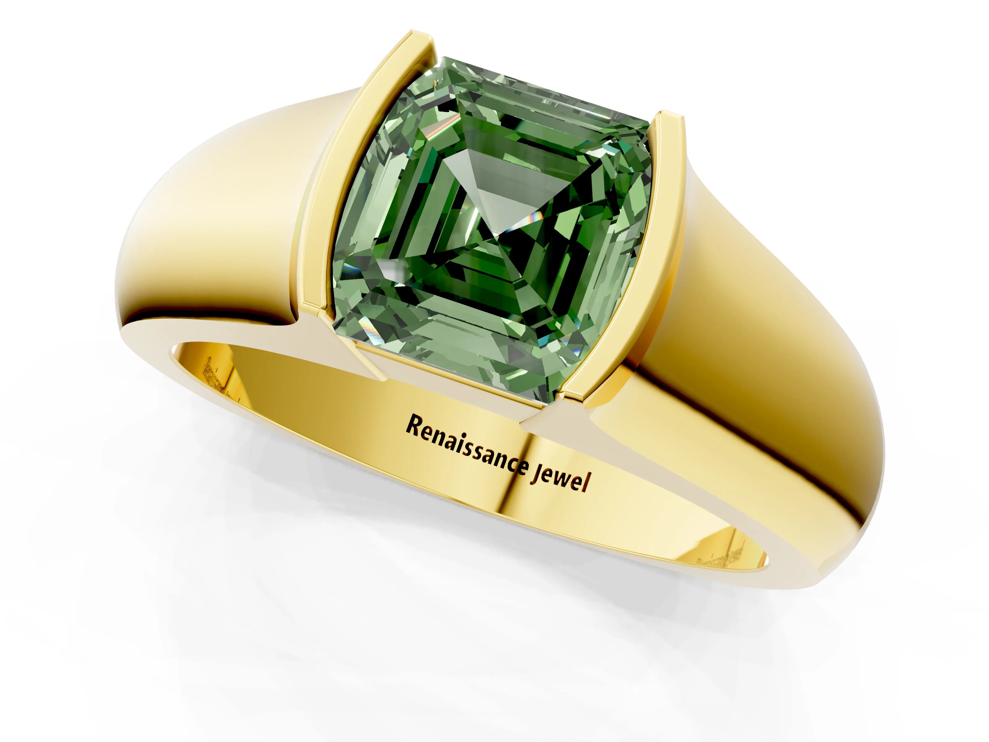 Yellow gold Fancy Green Asscher Cut Solitaire Bezel Set Diamond Ring with Wide Band_1