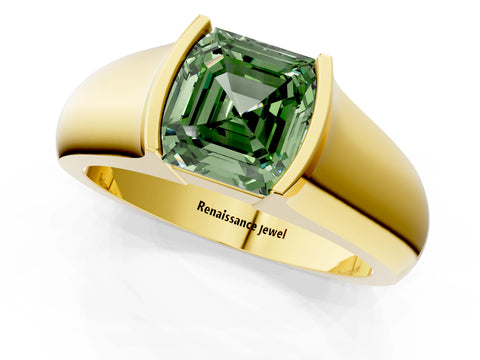 Yellow gold Fancy Green Asscher Cut Solitaire Bezel Set Diamond Ring with Wide Band_1