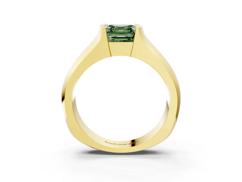 Yellow gold Fancy Green Asscher Cut Solitaire Bezel Set Diamond Ring with Wide Band_3