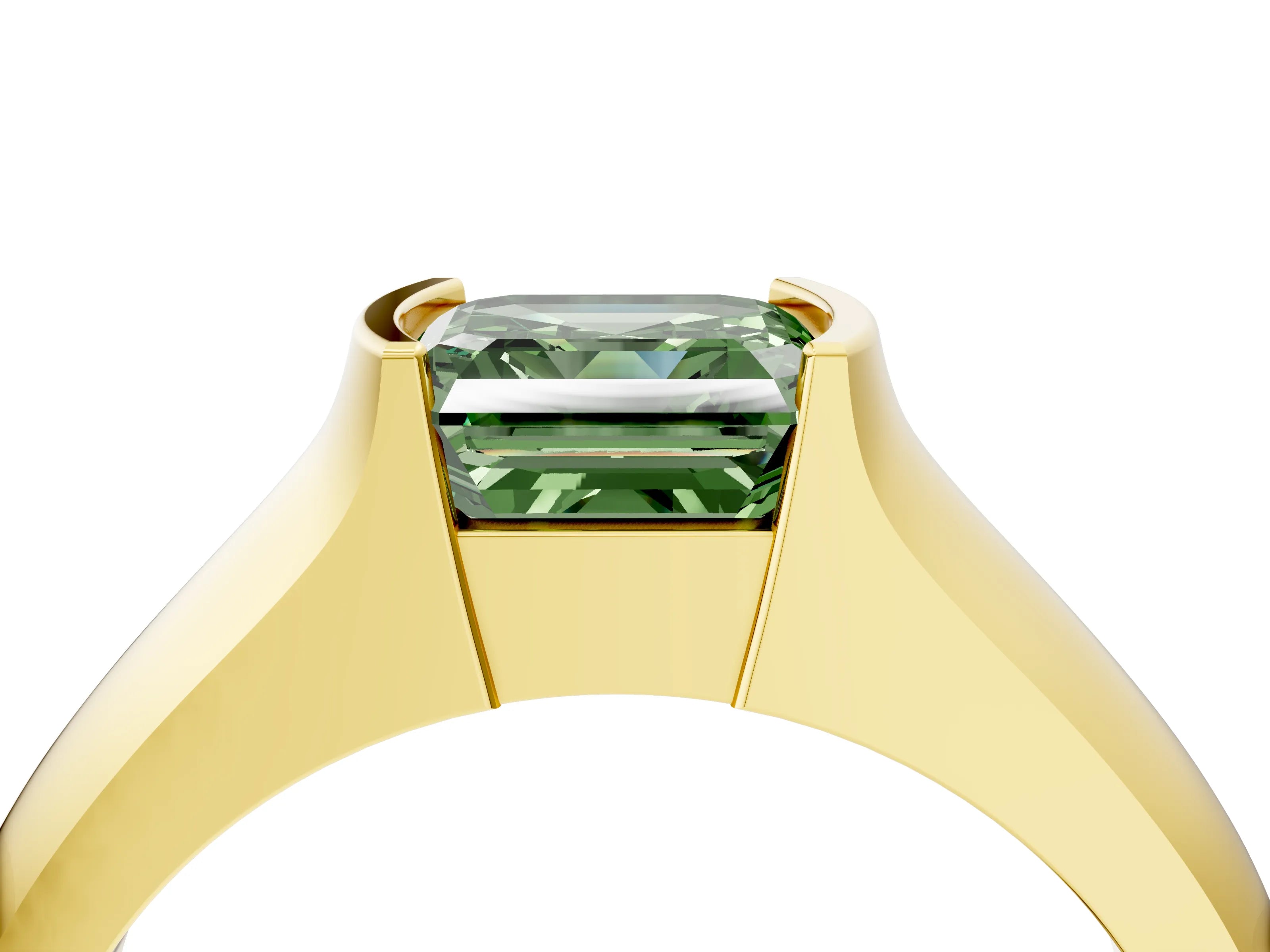 Yellow gold Fancy Green Asscher Cut Solitaire Bezel Set Diamond Ring with Wide Band_4
