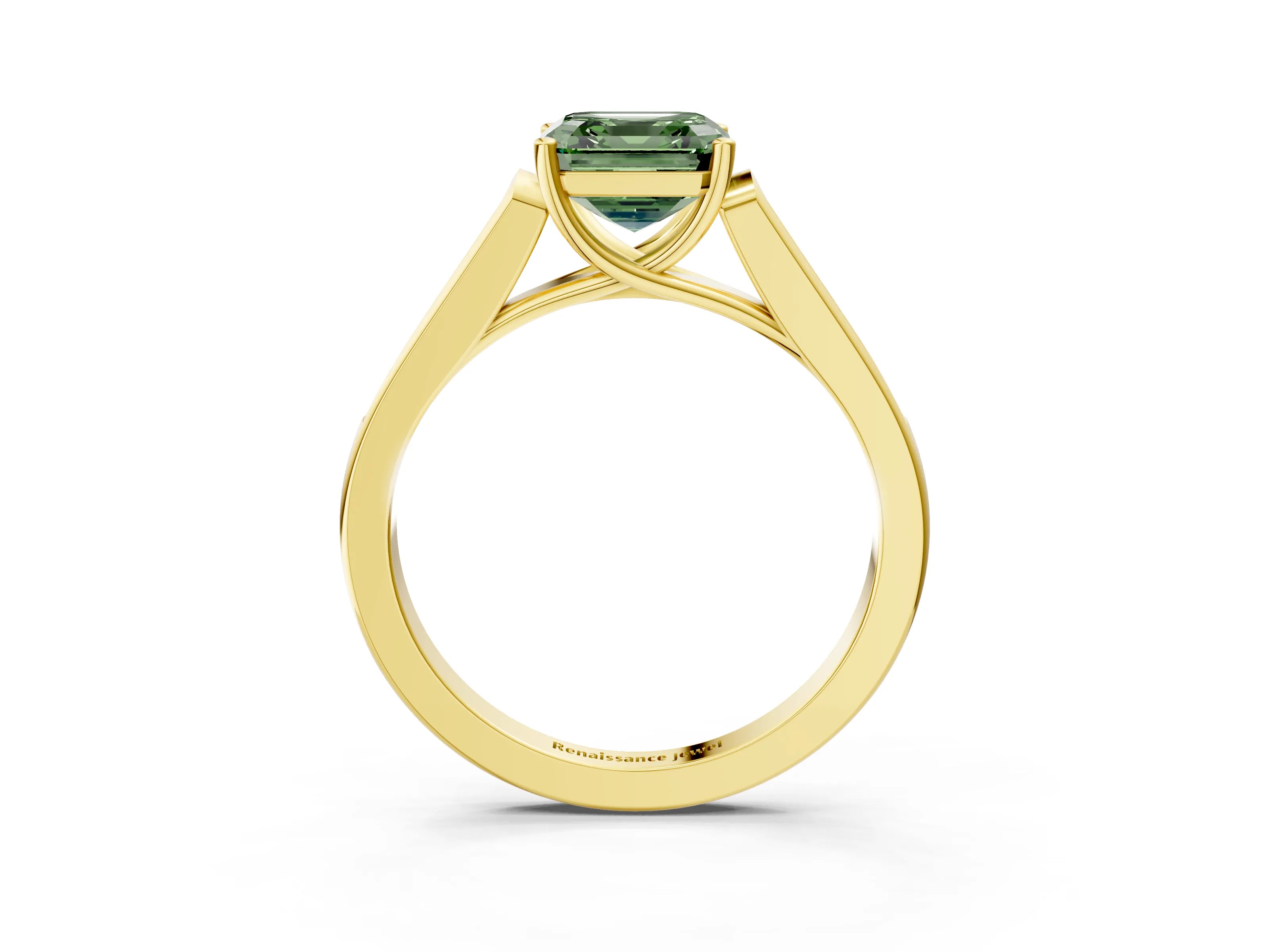 Yellow gold Fancy Green Asscher Cut Solitaire Cathedral Diamond Engagement Ring with Channel-Set Band and Four-Prong Setting_6