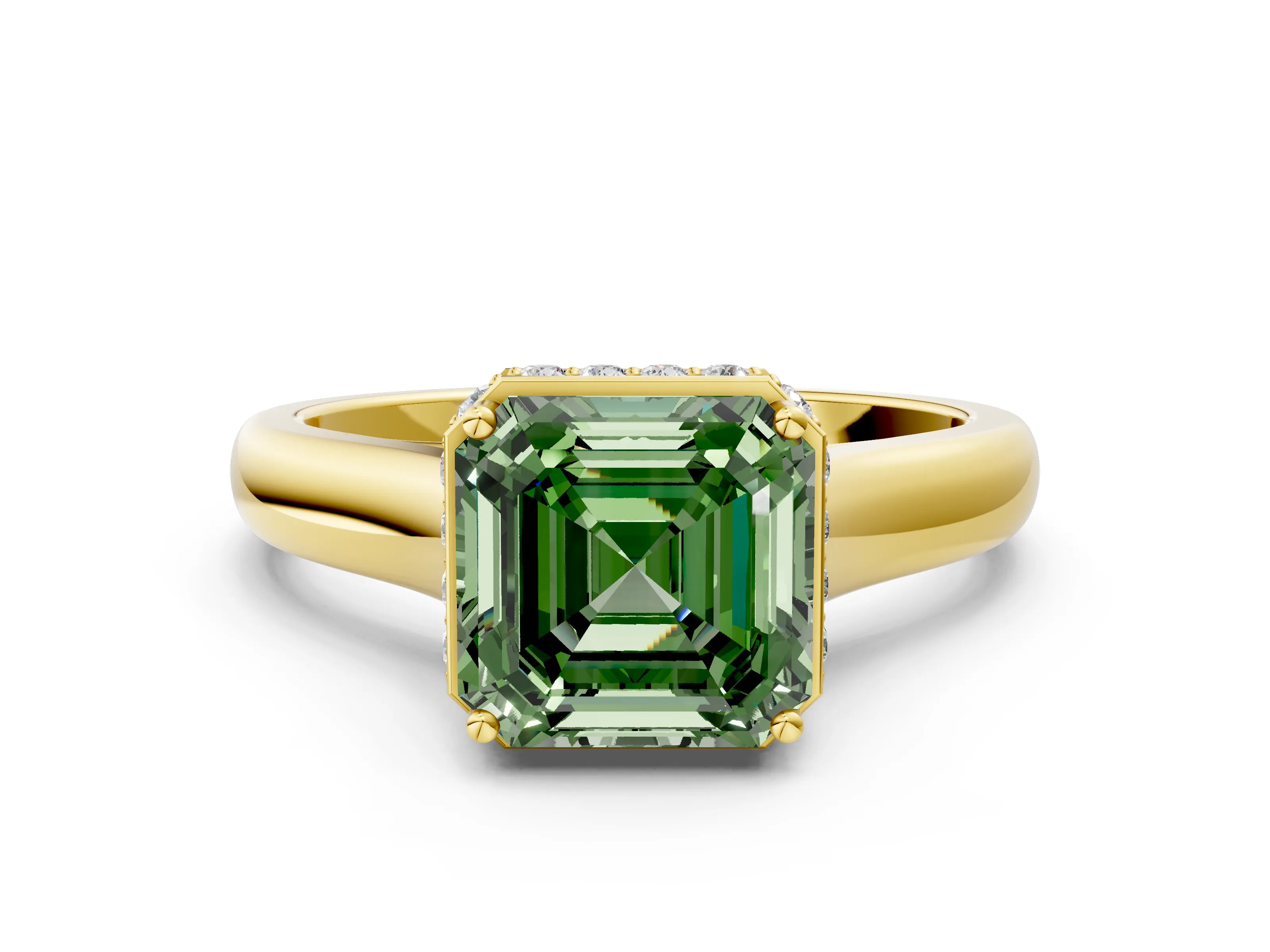 Yellow gold Fancy Green Asscher Cut Solitaire Diamond Engagement Ring with Four-Prong Setting and Tapered Band