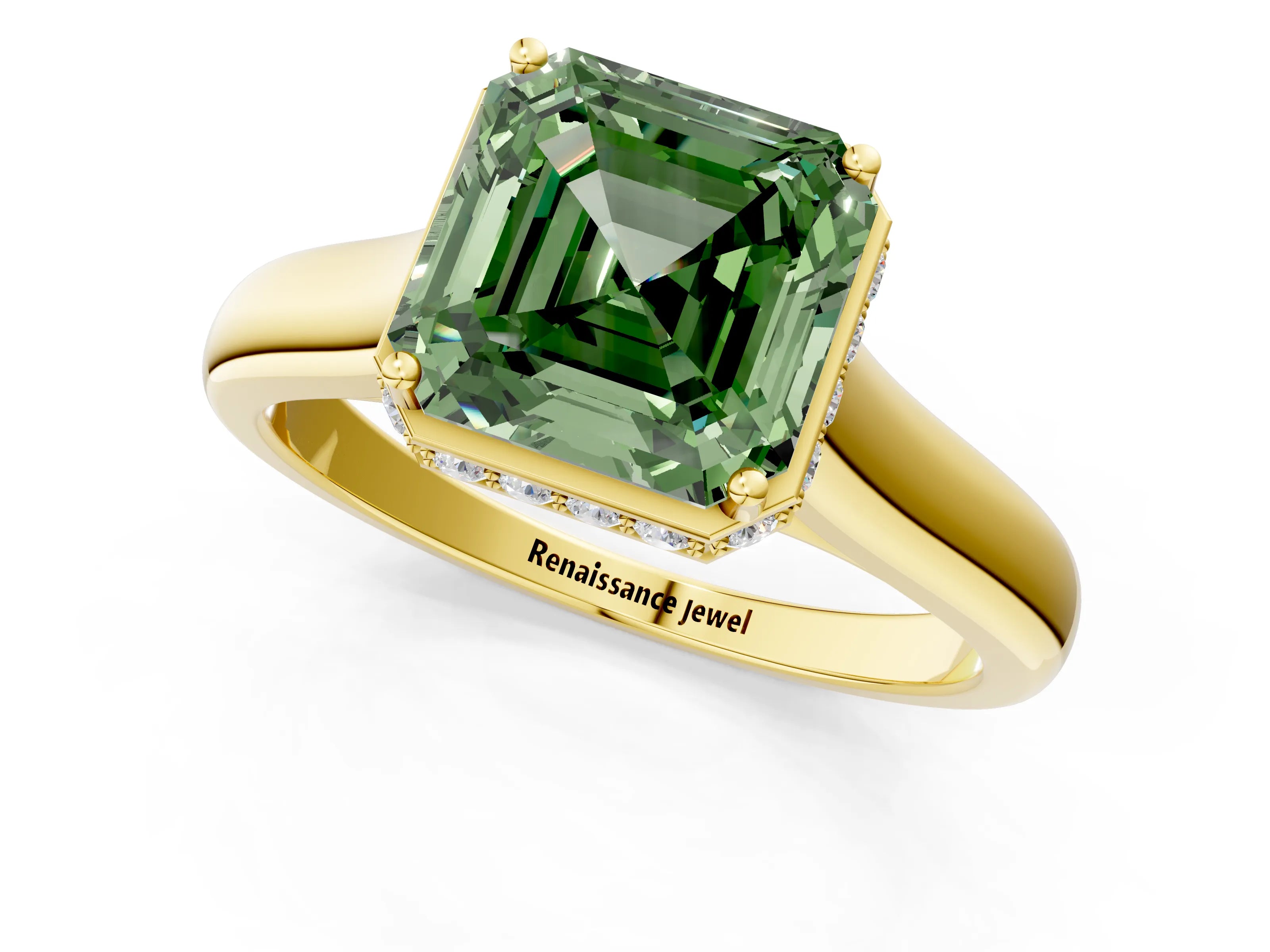 Yellow gold Fancy Green Asscher Cut Solitaire Diamond Engagement Ring with Four-Prong Setting and Tapered Band_1