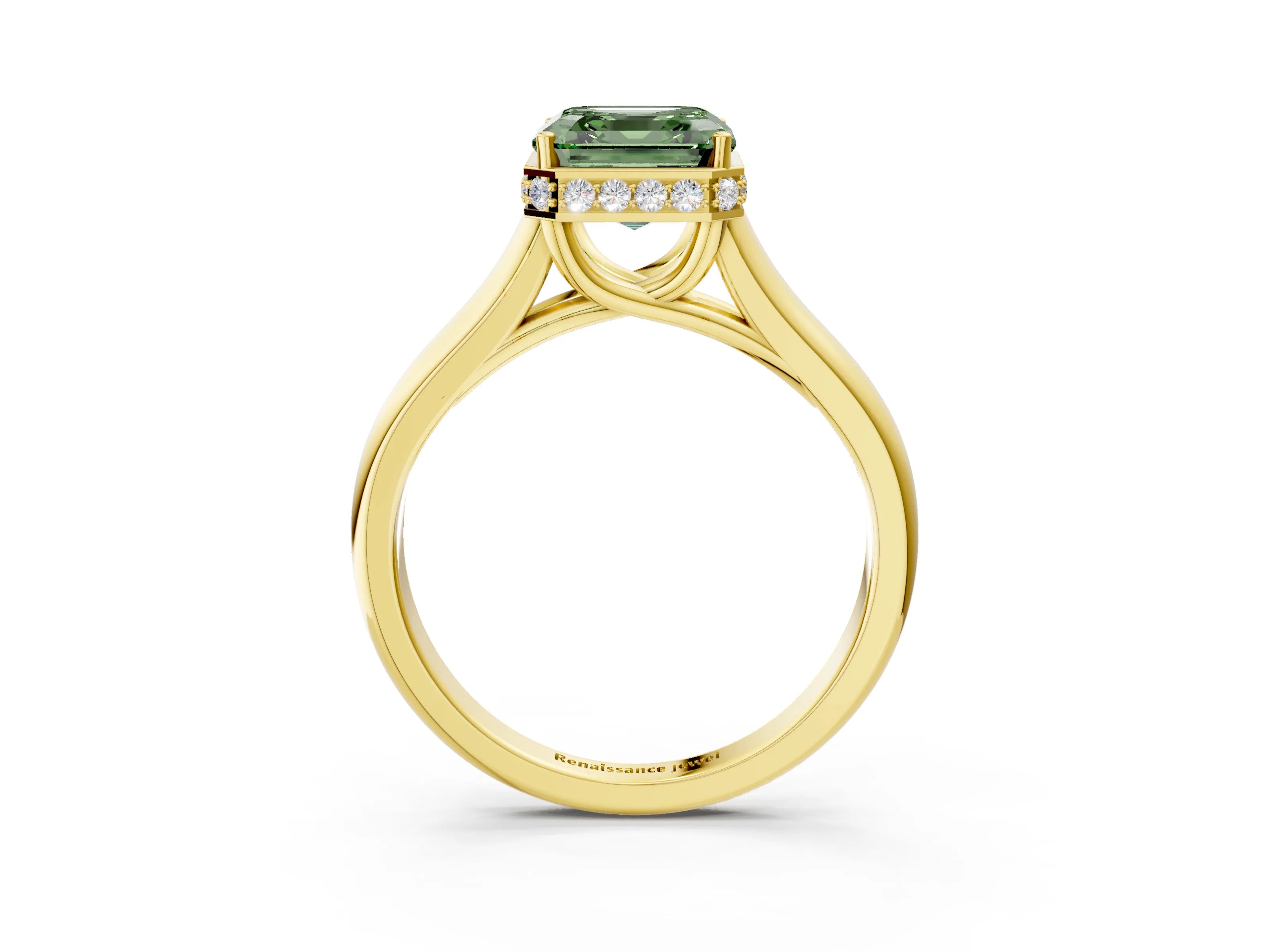 Yellow gold Fancy Green Asscher Cut Solitaire Diamond Engagement Ring with Four-Prong Setting and Tapered Band_3
