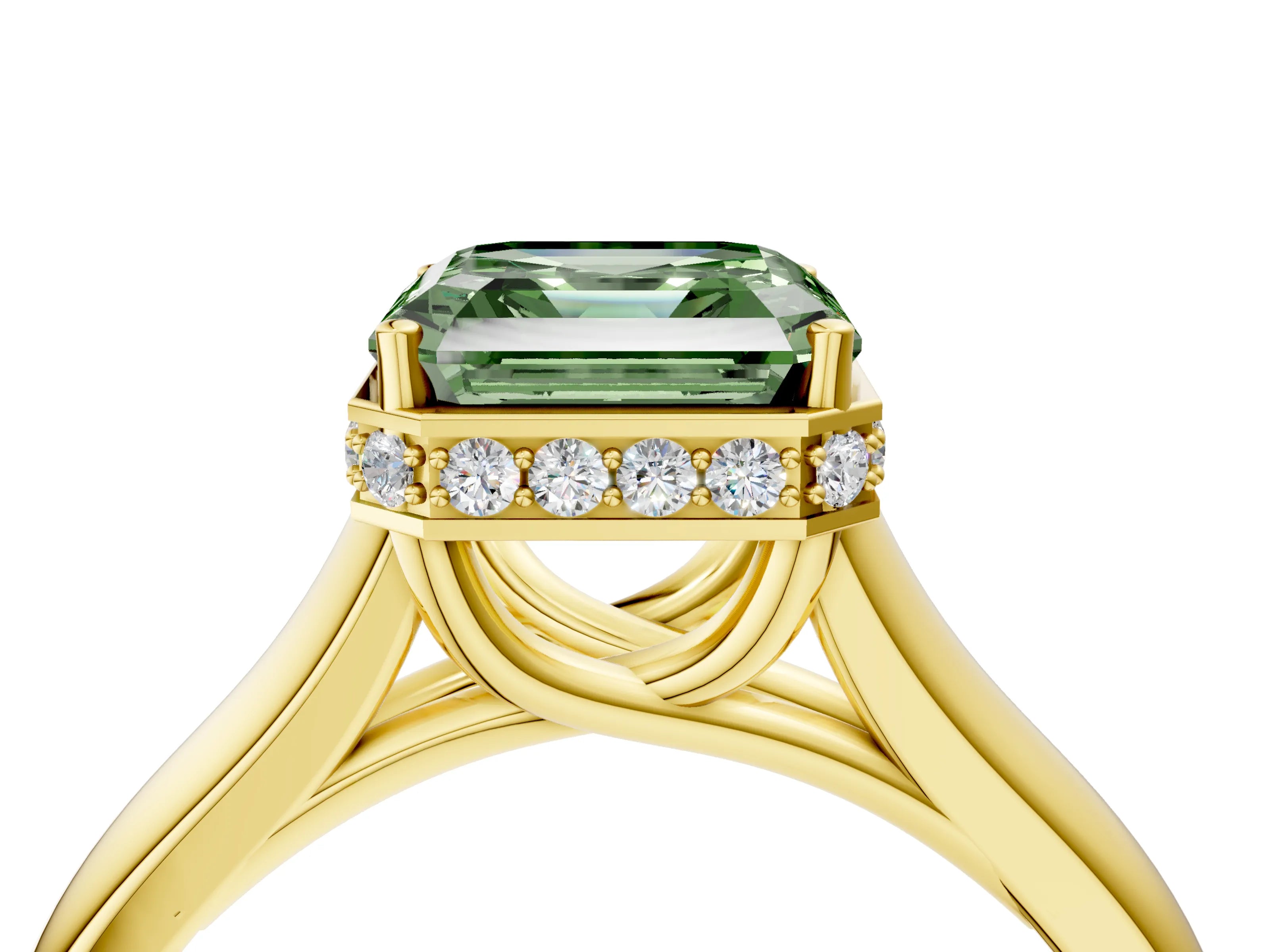 Yellow gold Fancy Green Asscher Cut Solitaire Diamond Engagement Ring with Four-Prong Setting and Tapered Band_4