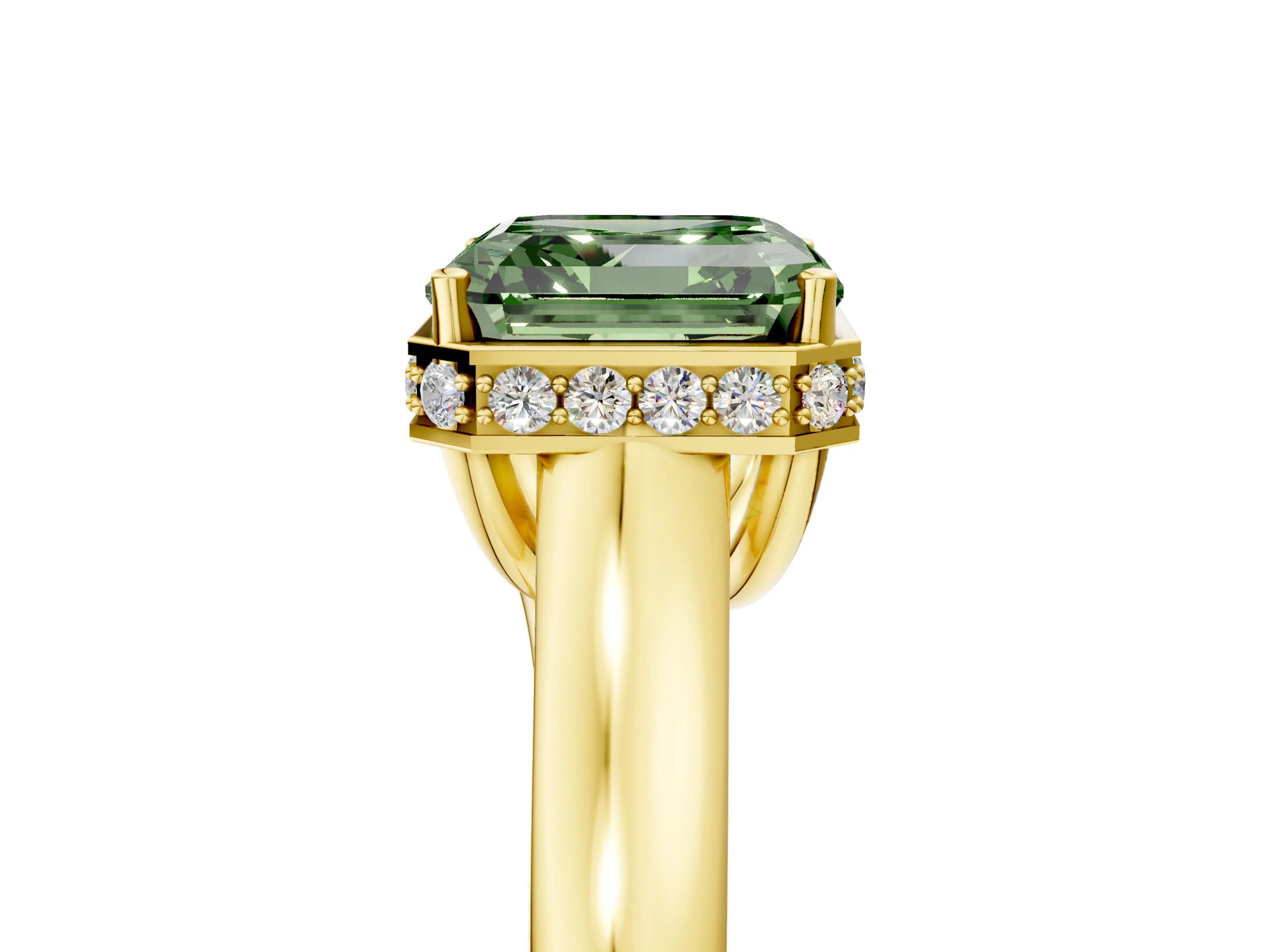 Yellow gold Fancy Green Asscher Cut Solitaire Diamond Engagement Ring with Four-Prong Setting and Tapered Band_5