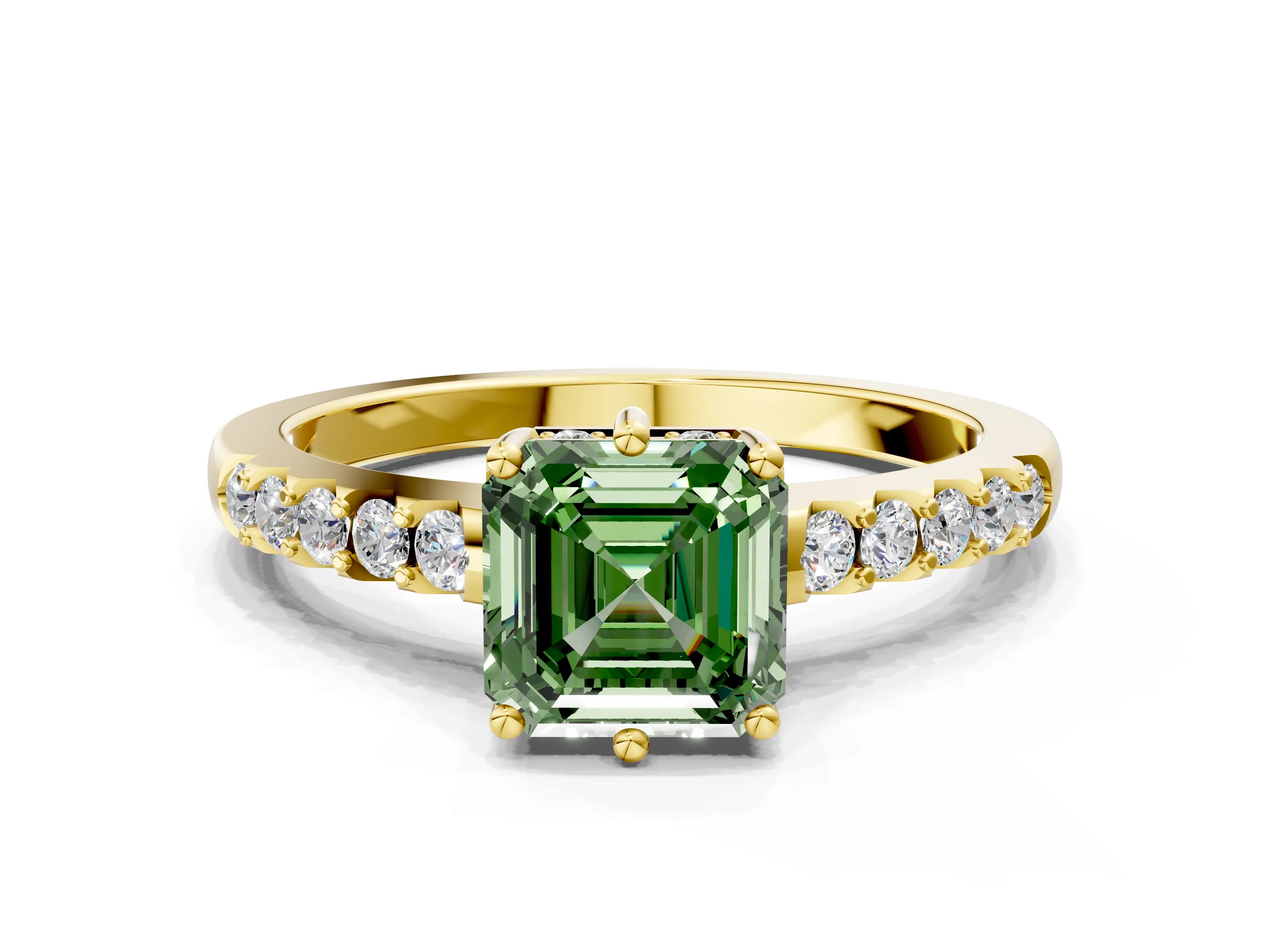 Yellow gold Fancy Green Asscher Cut Solitaire Diamond Engagement Ring with Pavé Band and Six-Prong Setting