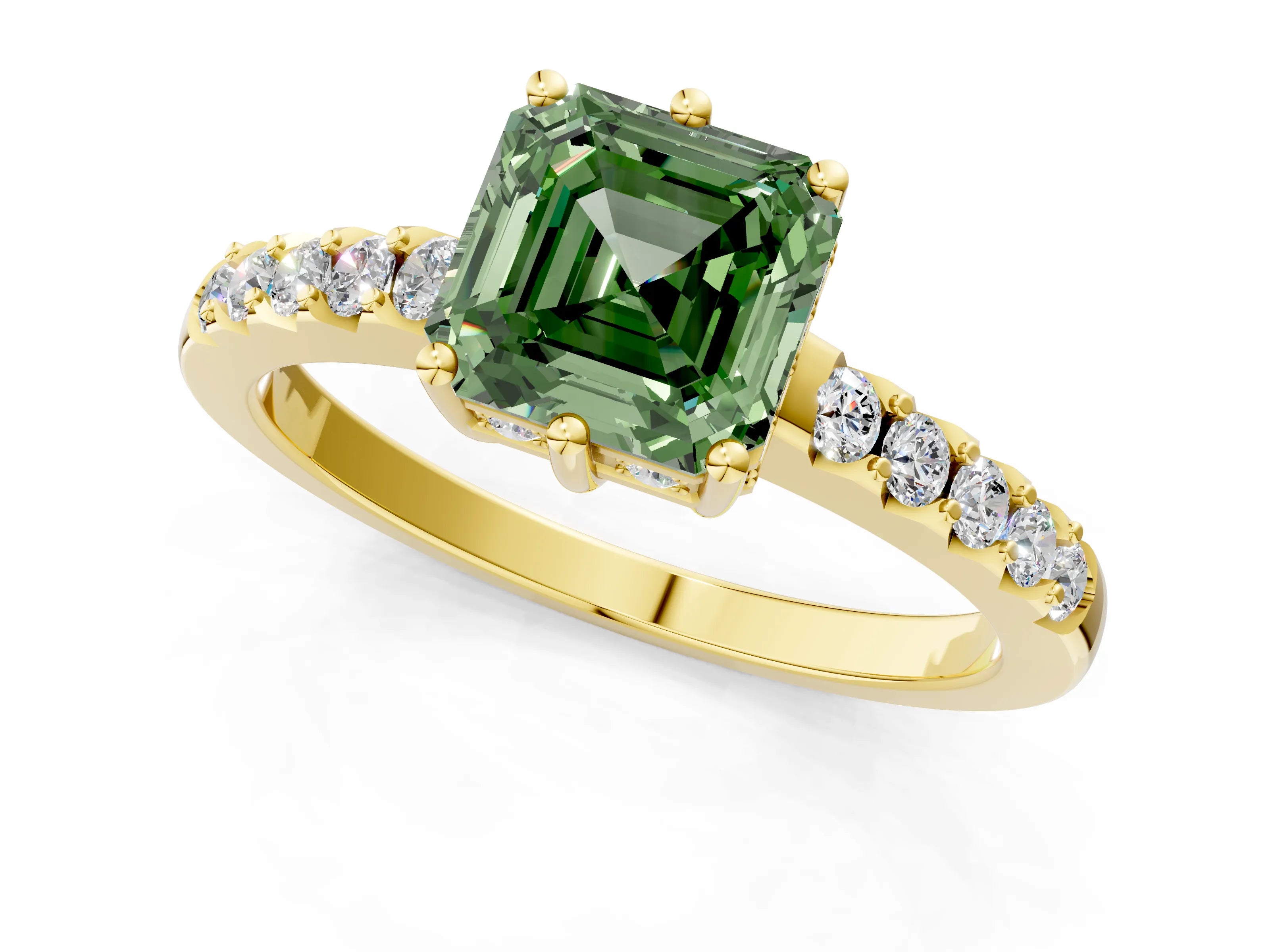 Yellow gold Fancy Green Asscher Cut Solitaire Diamond Engagement Ring with Pavé Band and Six-Prong Setting_1