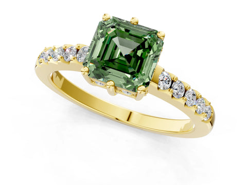 Yellow gold Fancy Green Asscher Cut Solitaire Diamond Engagement Ring with Pavé Band and Six-Prong Setting_1