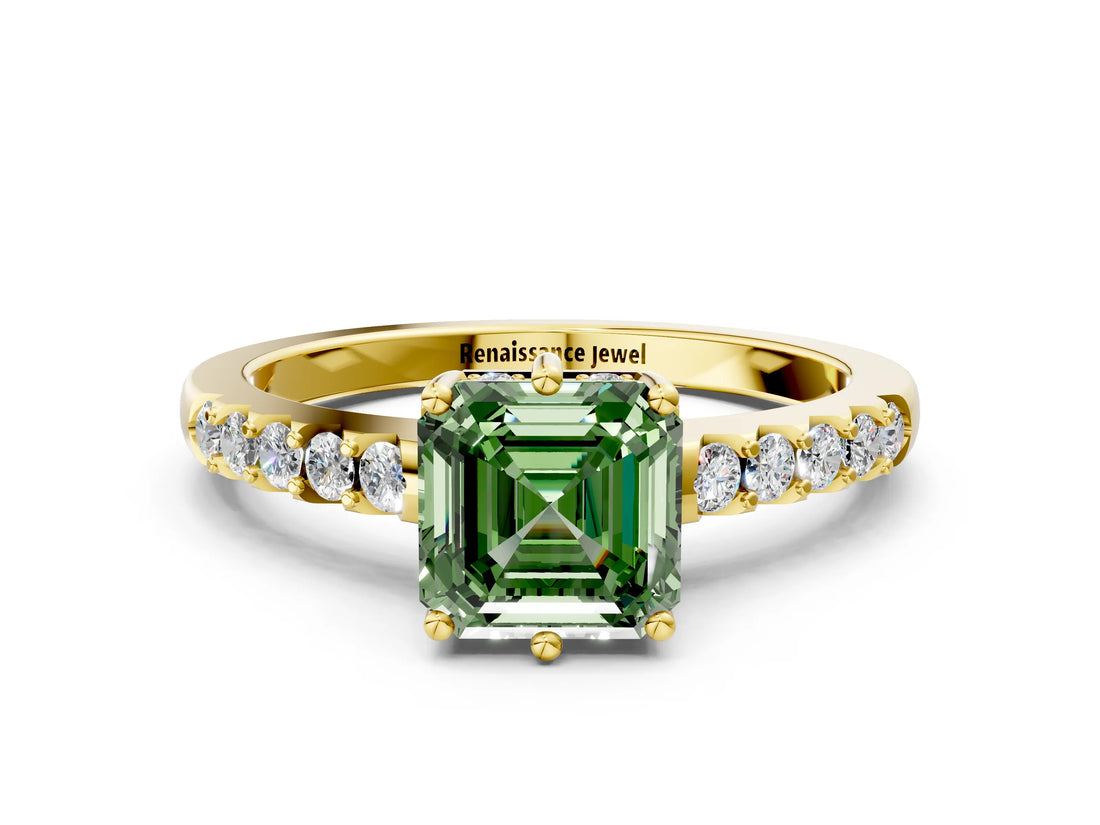 Yellow gold Fancy Green Asscher Cut Solitaire Diamond Engagement Ring with Pavé Band and Six-Prong Setting_24