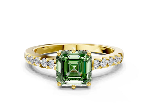 Yellow gold Fancy Green Asscher Cut Solitaire Diamond Engagement Ring with Pavé Band and Six-Prong Setting