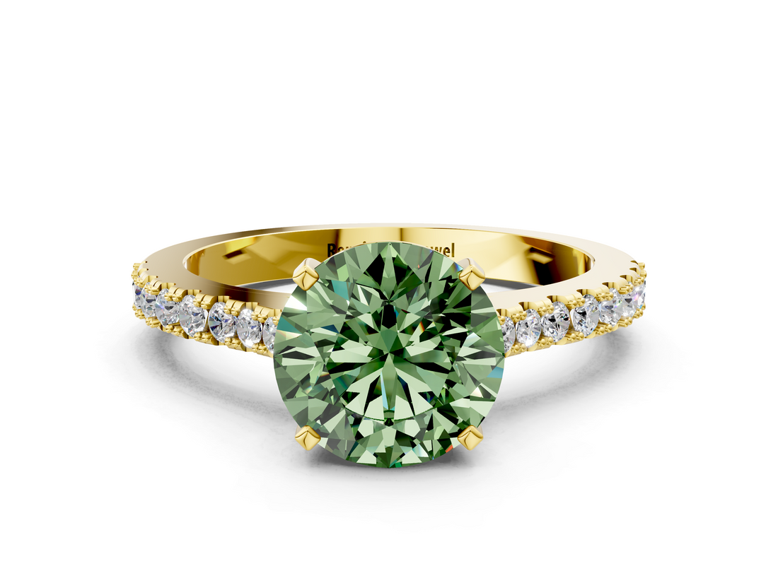 Yellow gold Fancy Green Asscher  Cut Solitaire Diamond Engagement Ring with Pave Band and Four-Prong Setting