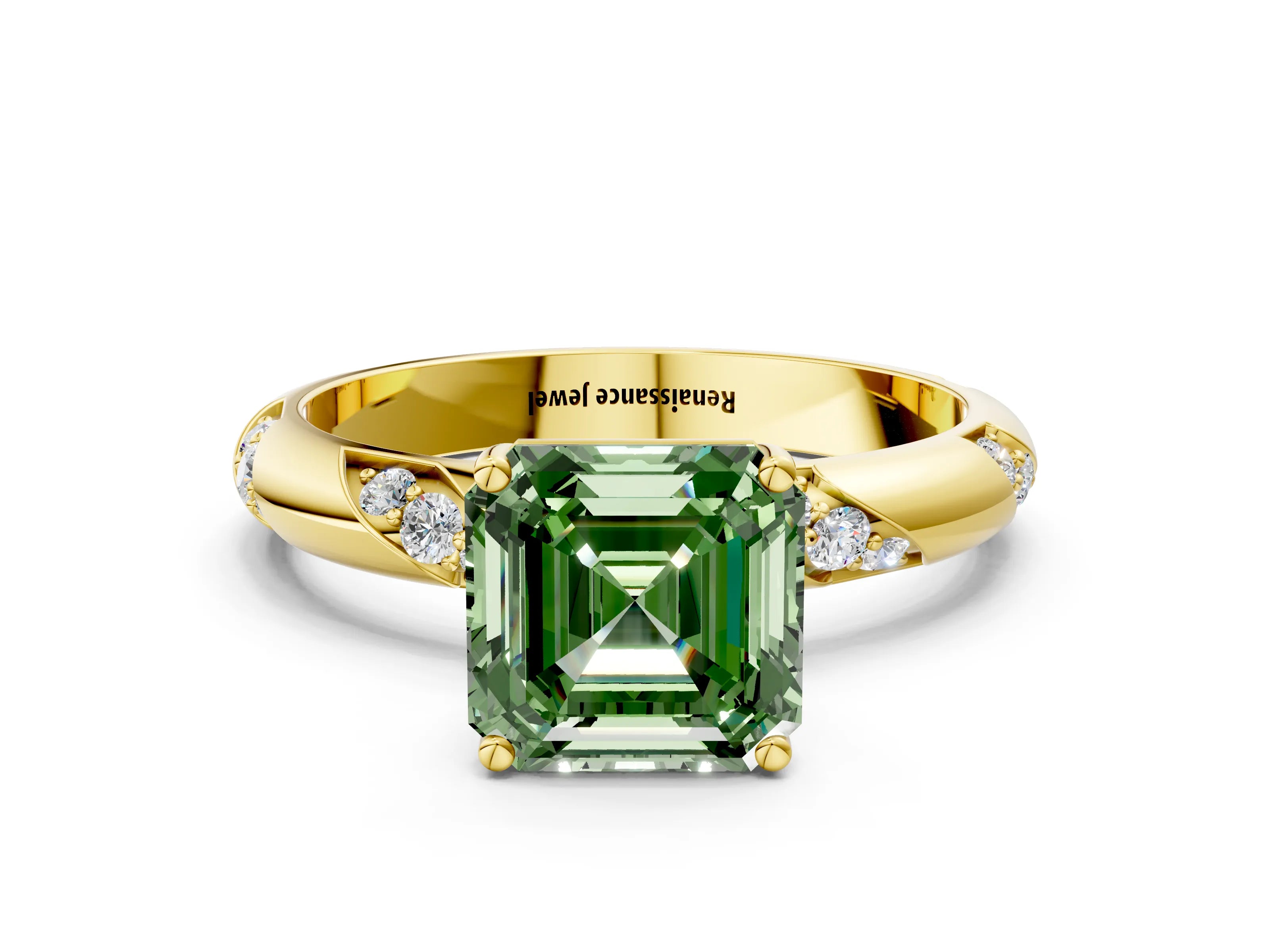 Yellow gold Fancy Green Asscher Cut Solitaire Diamond Engagement Ring with Twisted Pave Band and Four-Prong Setting_3