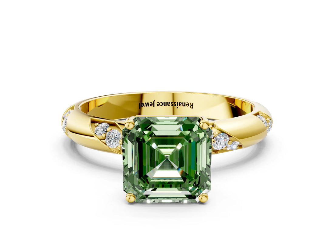 Yellow gold Fancy Green Asscher Cut Solitaire Diamond Engagement Ring with Twisted Pave Band and Four-Prong Setting_3