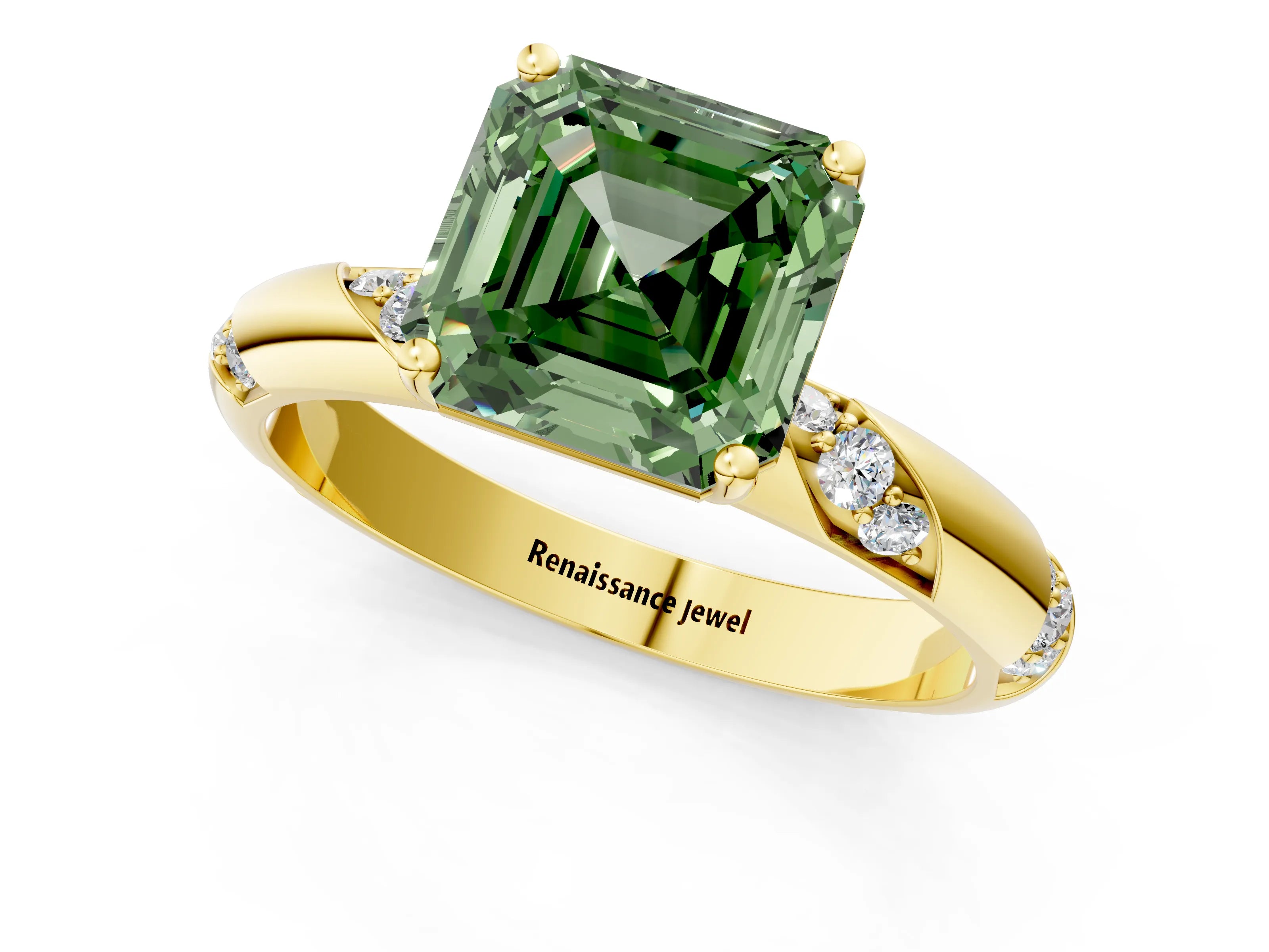 Yellow gold Fancy Green Asscher Cut Solitaire Diamond Engagement Ring with Twisted Pave Band and Four-Prong Setting_4