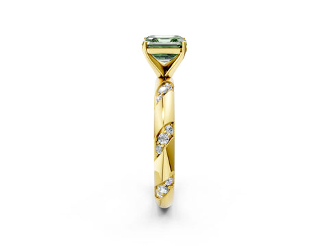 Yellow gold Fancy Green Asscher Cut Solitaire Diamond Engagement Ring with Twisted Pave Band and Four-Prong Setting_5