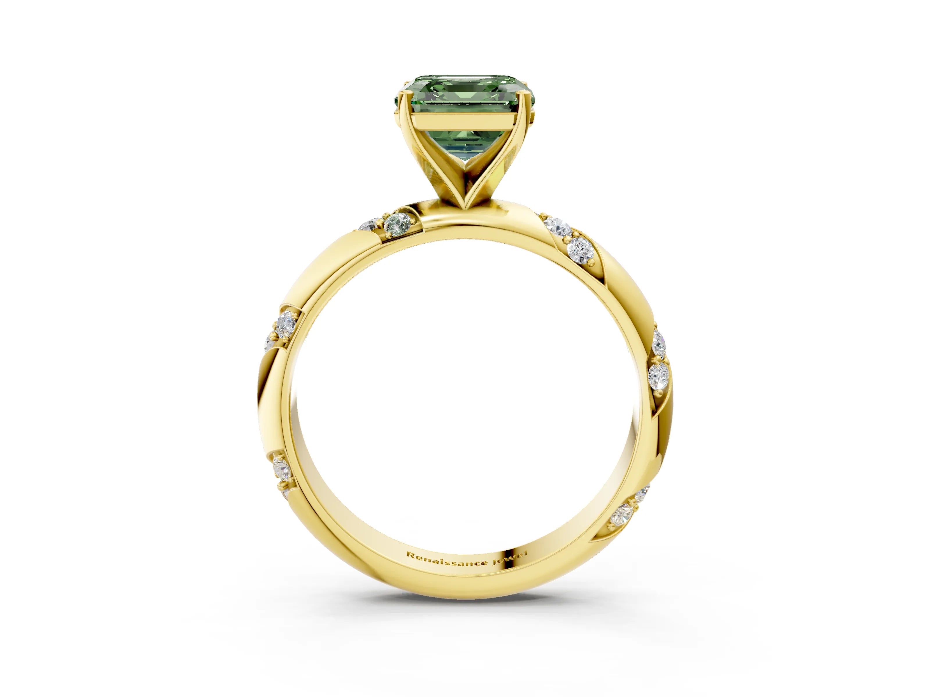 Yellow gold Fancy Green Asscher Cut Solitaire Diamond Engagement Ring with Twisted Pave Band and Four-Prong Setting_6