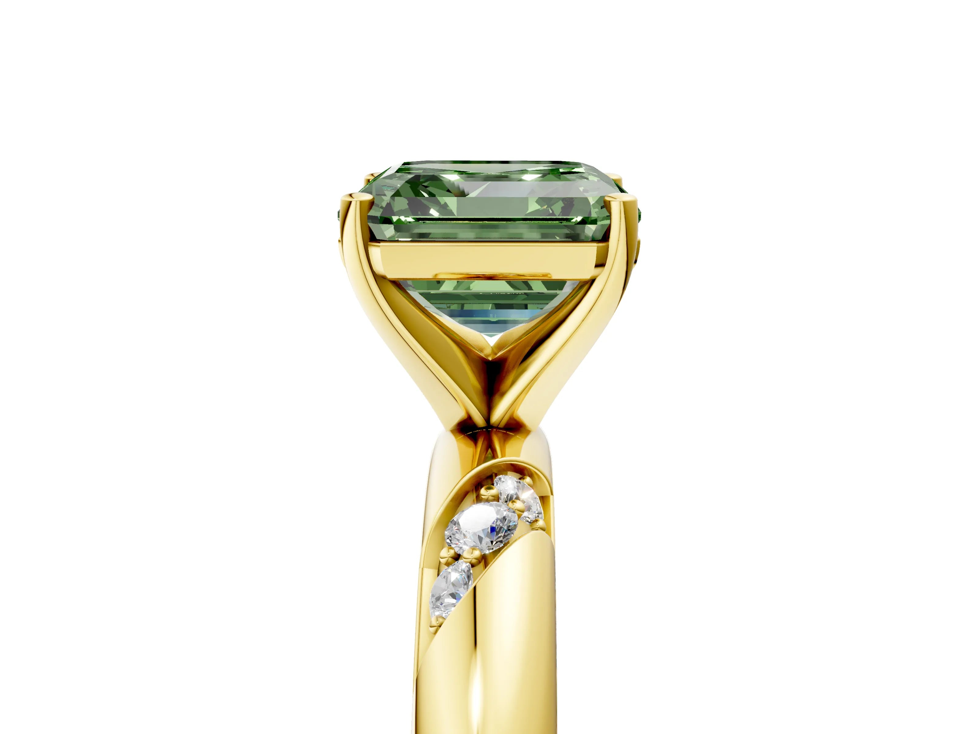 Yellow gold Fancy Green Asscher Cut Solitaire Diamond Engagement Ring with Twisted Pave Band and Four-Prong Setting_8