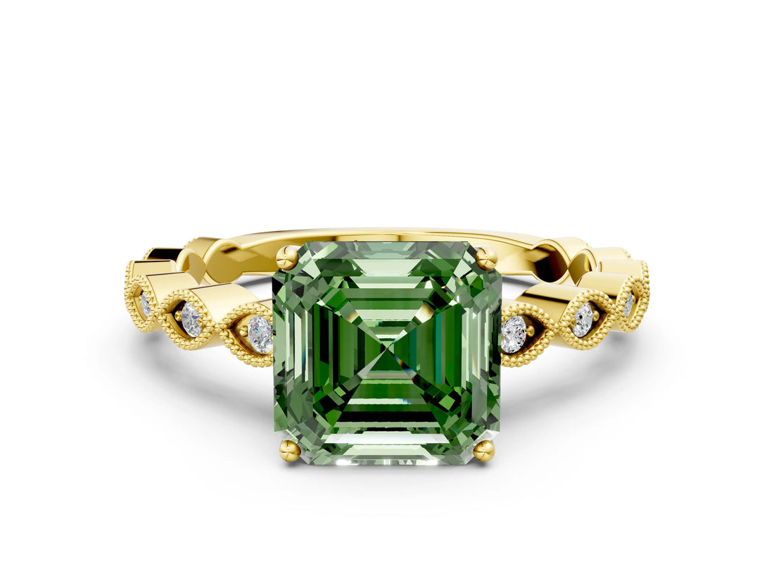 Yellow gold Fancy Green Asscher Cut Solitaire Diamond Ring with Infinity Twist Band and Four-Prong Setting
