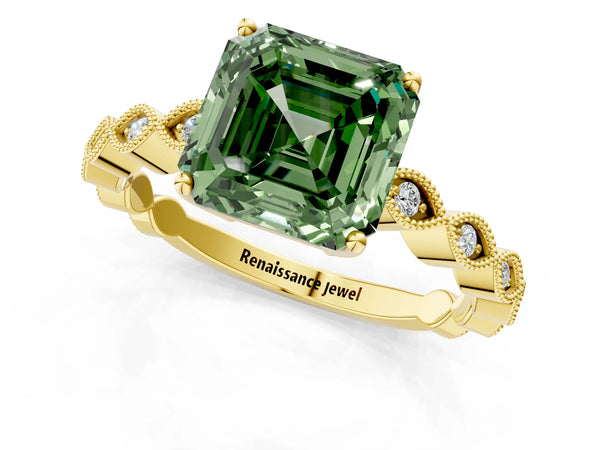 Yellow gold Fancy Green Asscher Cut Solitaire Diamond Ring with Infinity Twist Band and Four-Prong Setting