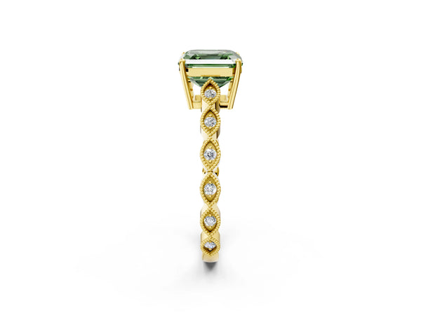 Yellow gold Fancy Green Asscher Cut Solitaire Diamond Ring with Infinity Twist Band and Four-Prong Setting