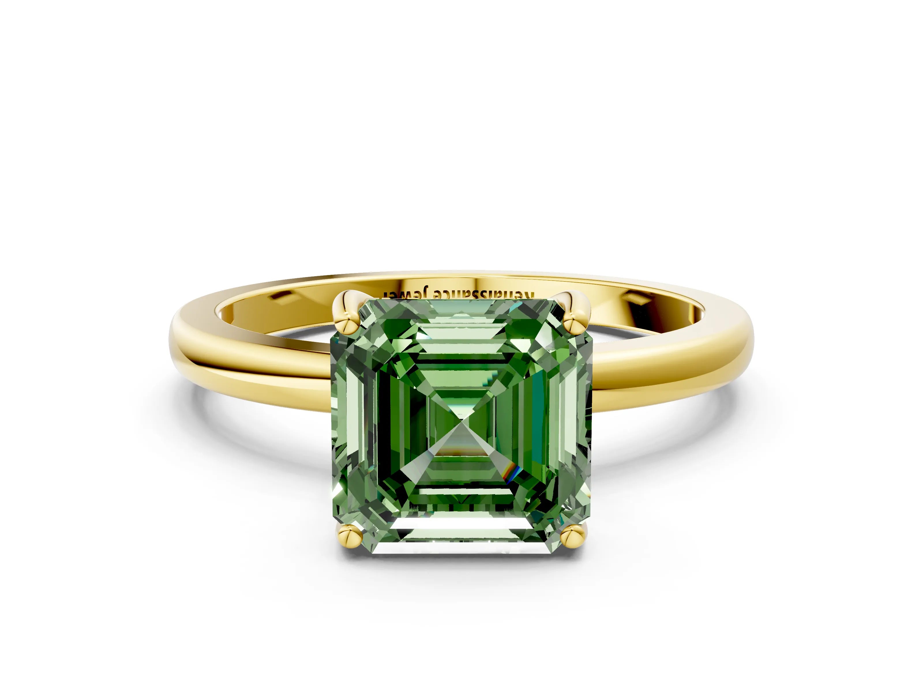 Yellow gold Fancy Green Asscher Cut Solitaire Diamond Ring with Prong Setting and Plain Band