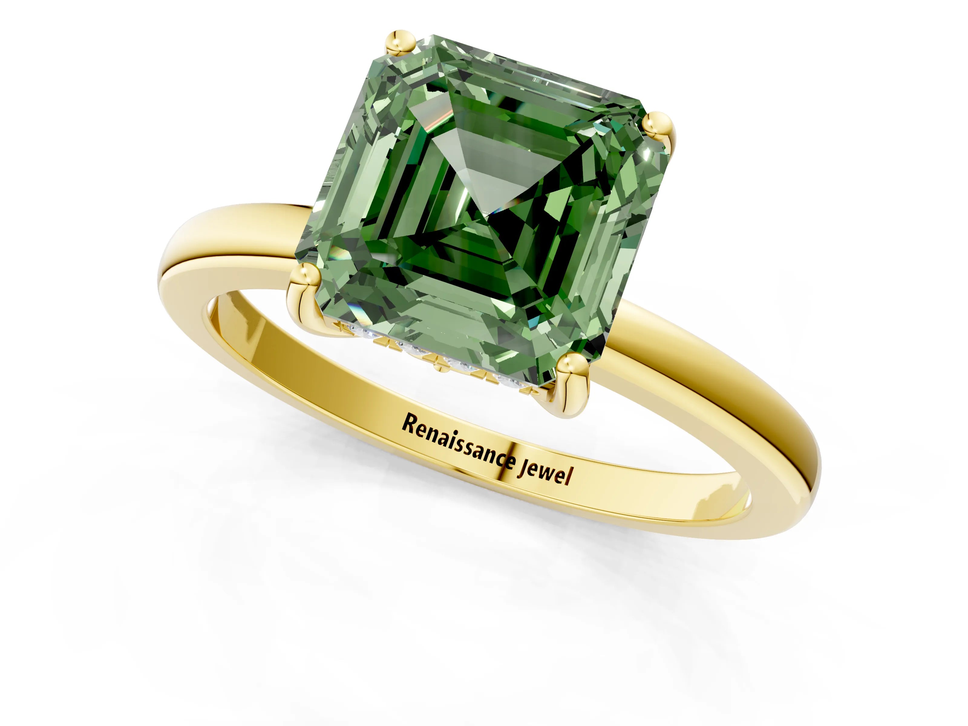 Yellow gold Fancy Green Asscher Cut Solitaire Diamond Ring with Prong Setting and Plain Band_1