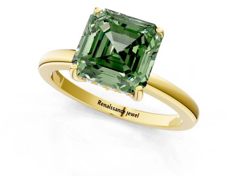 Yellow gold Fancy Green Asscher Cut Solitaire Diamond Ring with Prong Setting and Plain Band_1