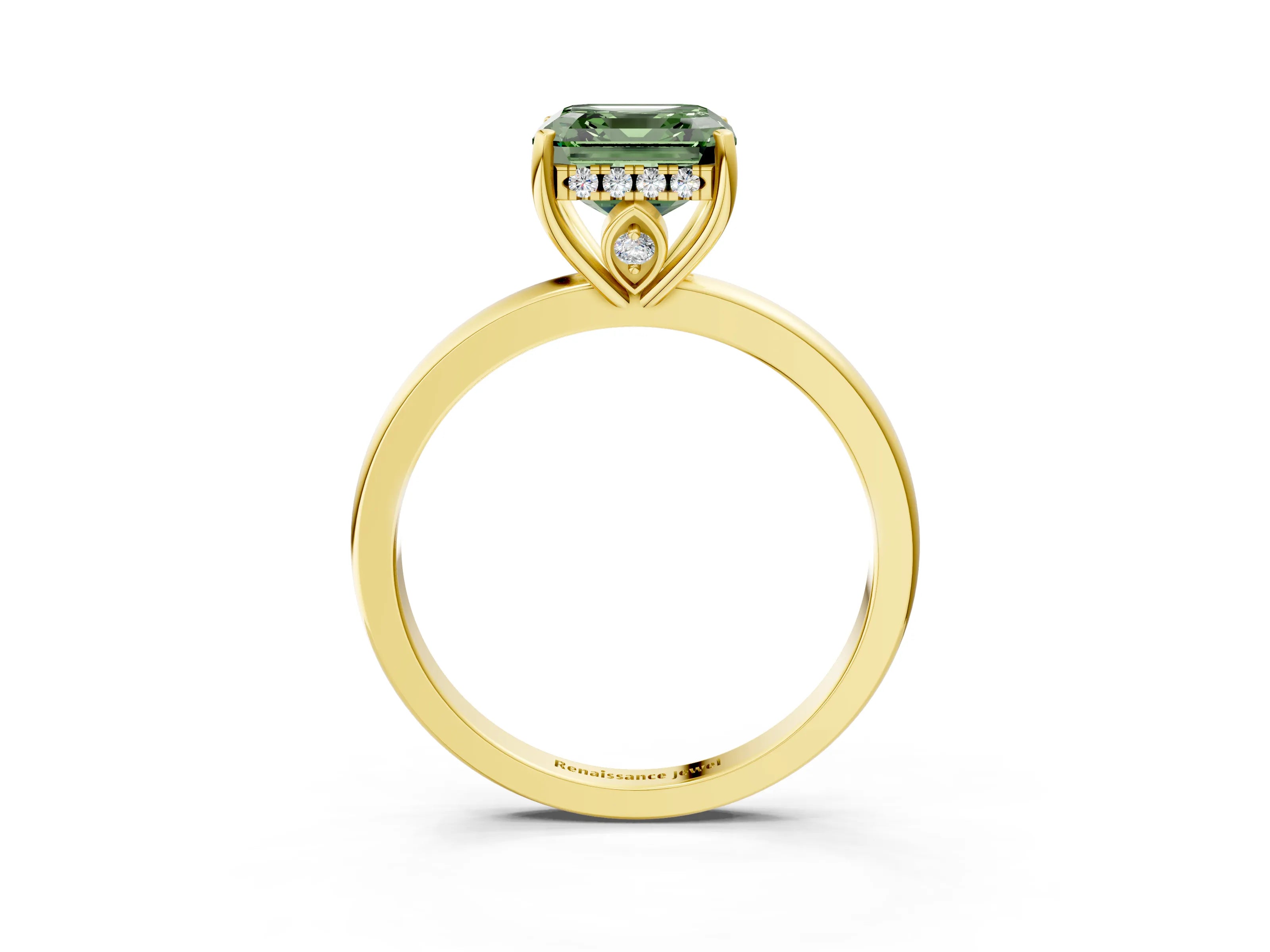 Yellow gold Fancy Green Asscher Cut Solitaire Diamond Ring with Prong Setting and Plain Band_3