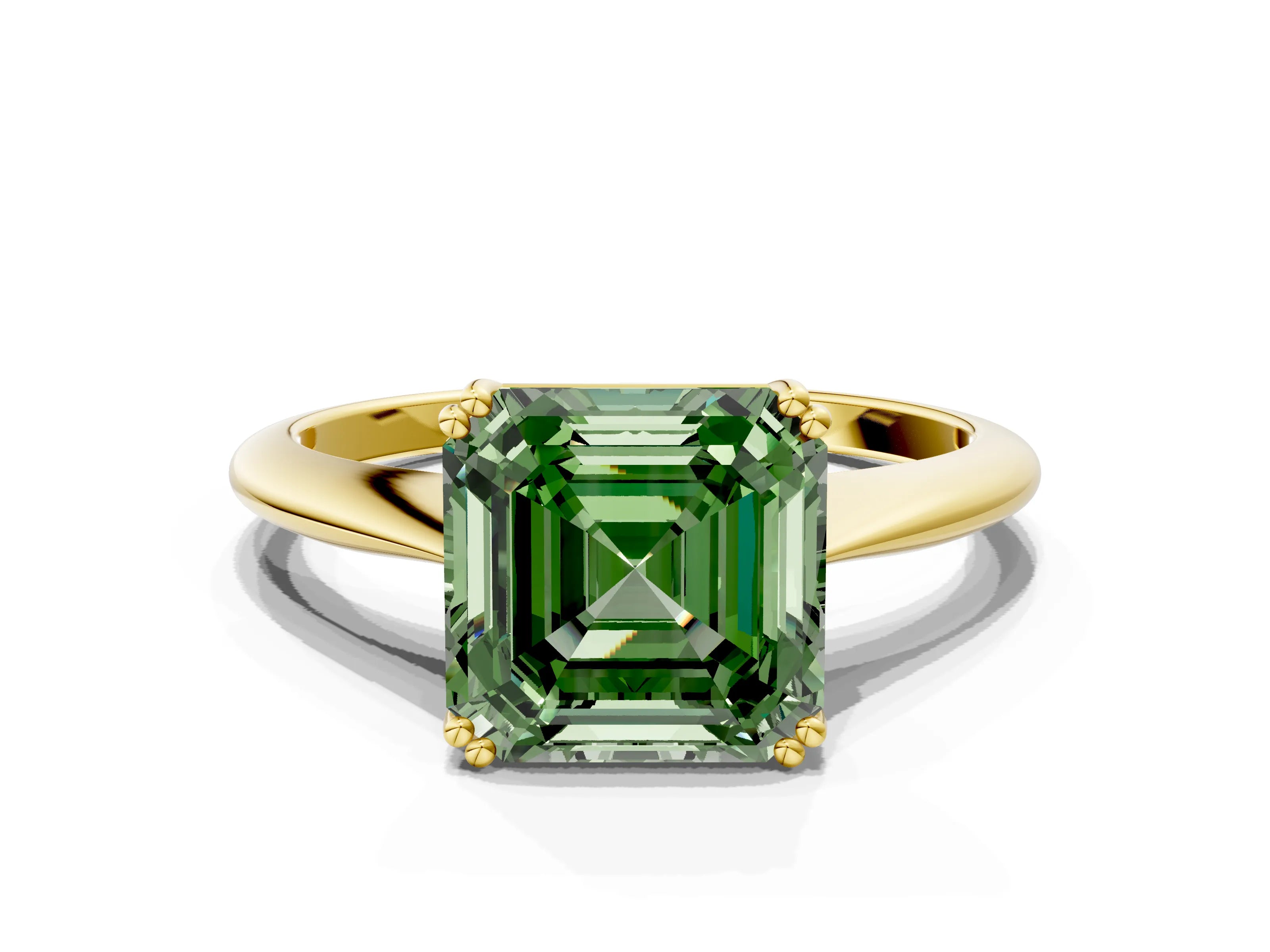 Yellow gold Fancy Green Asscher Cut Solitaire Diamond Ring with Six-Prong Setting and Classic Band