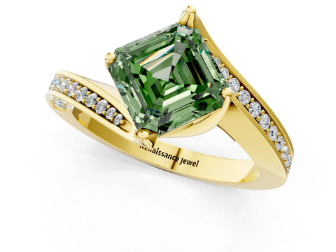 Yellow gold Fancy Green Asscher Cut Solitaire Diamond Twist Band with Pavé Setting and Four-Prong Setting_1