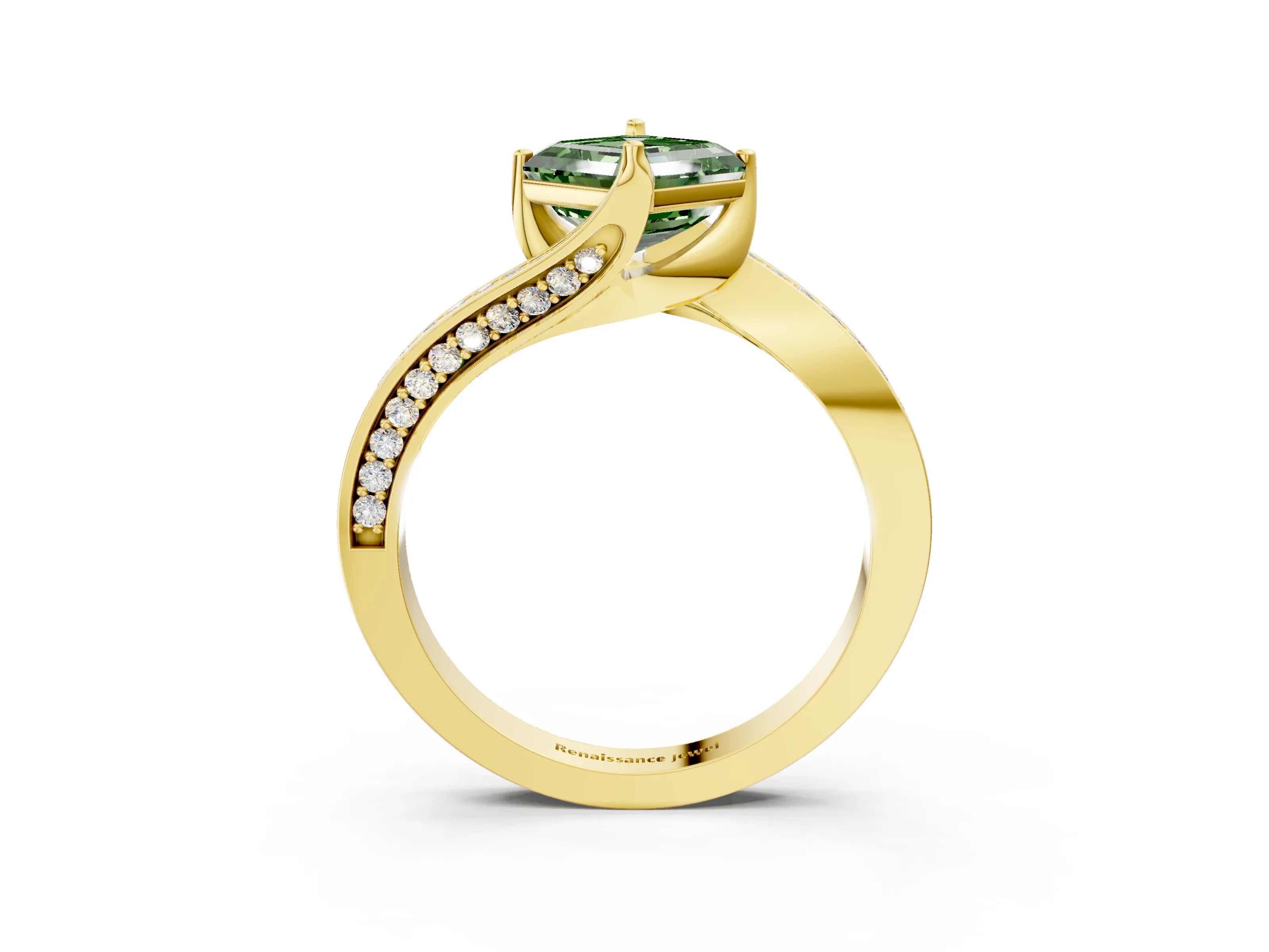 Yellow gold Fancy Green Asscher Cut Solitaire Diamond Twist Band with Pavé Setting and Four-Prong Setting_3