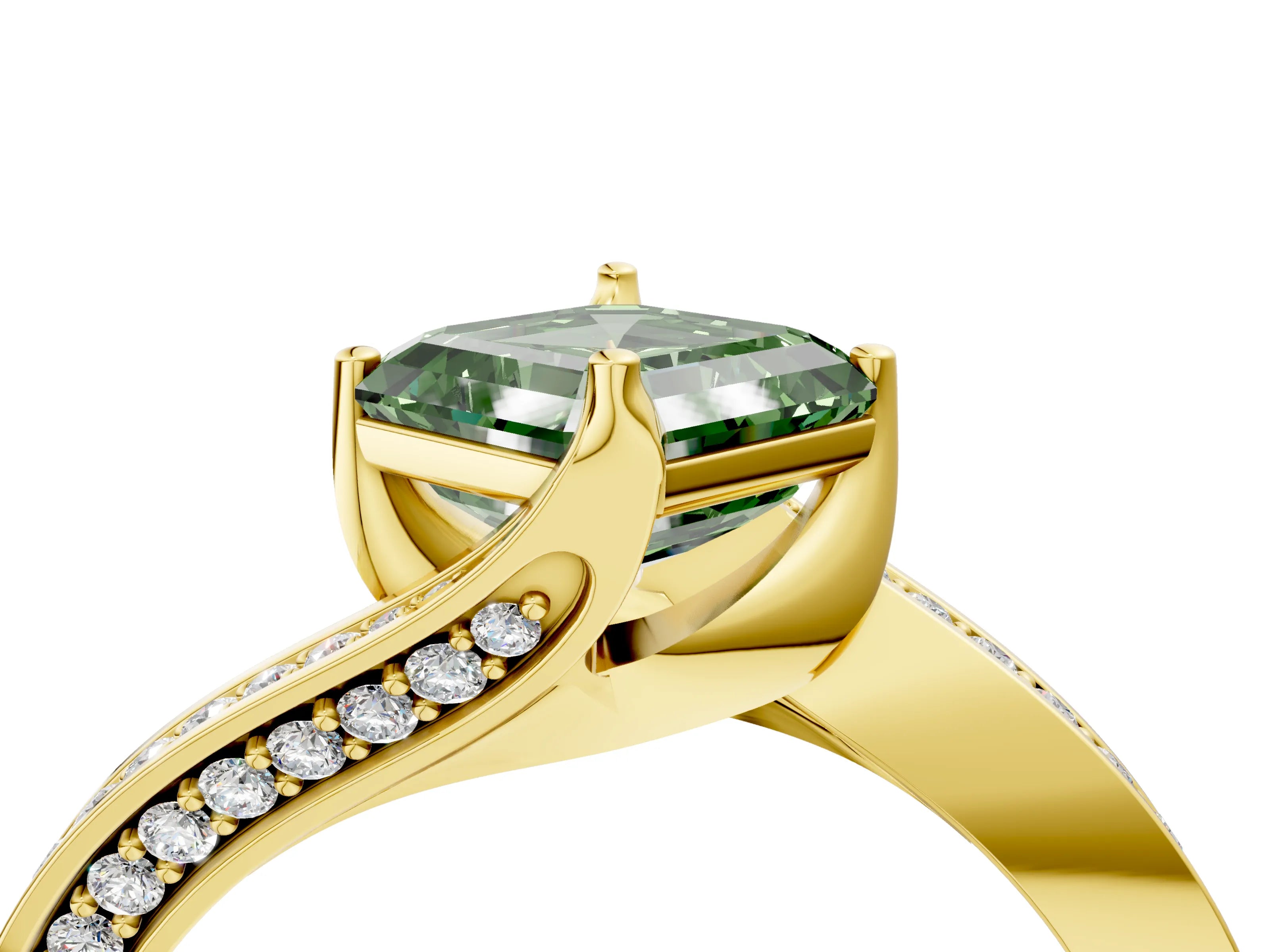 Yellow gold Fancy Green Asscher Cut Solitaire Diamond Twist Band with Pavé Setting and Four-Prong Setting_4