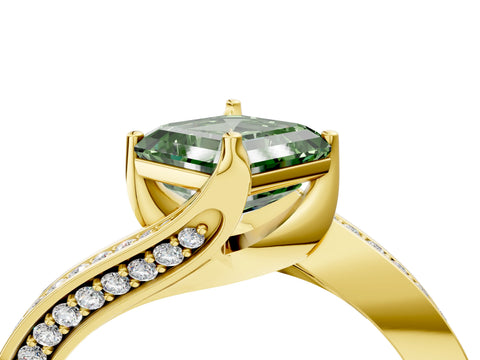 Yellow gold Fancy Green Asscher Cut Solitaire Diamond Twist Band with Pavé Setting and Four-Prong Setting_4