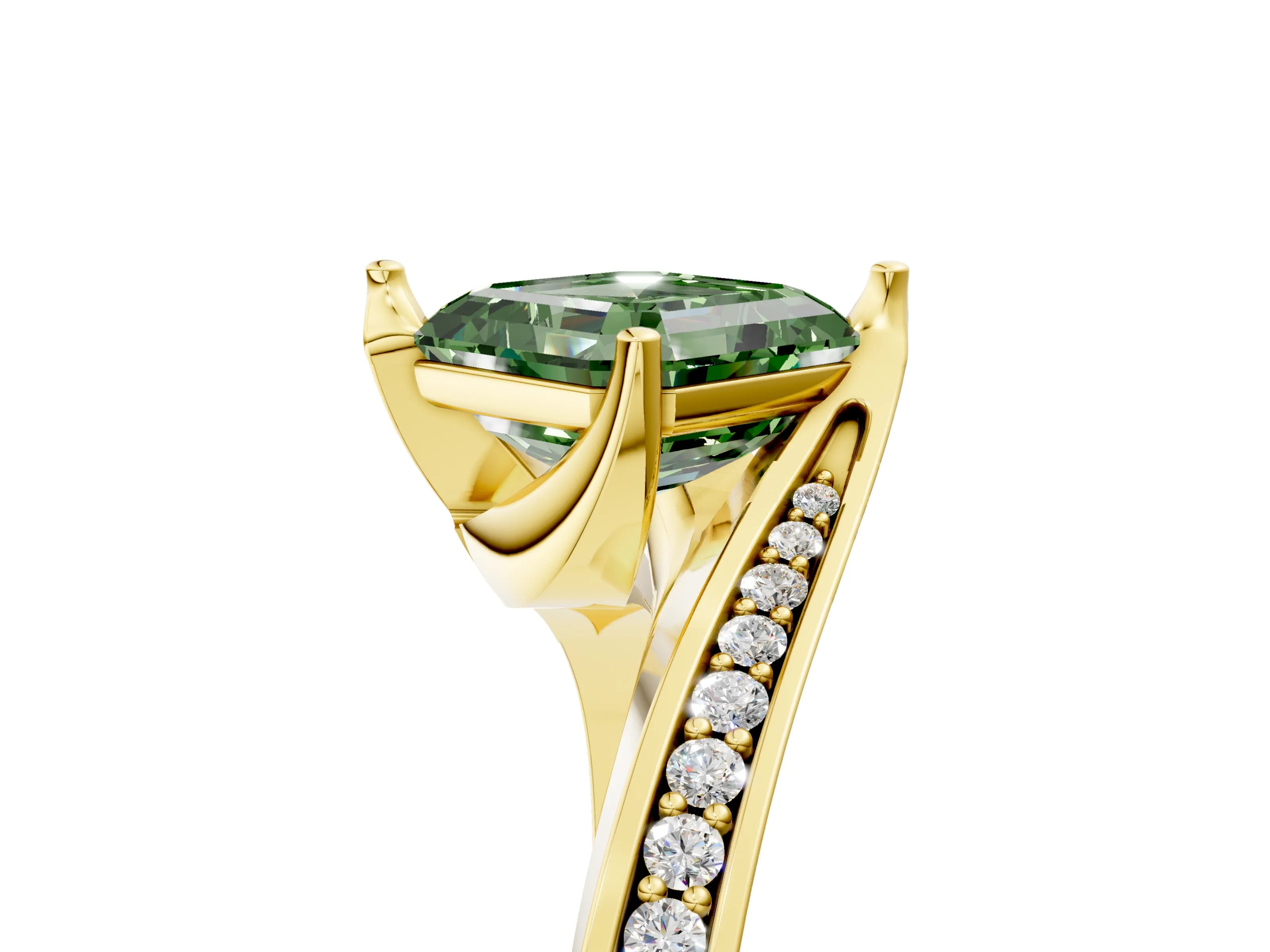 Yellow gold Fancy Green Asscher Cut Solitaire Diamond Twist Band with Pavé Setting and Four-Prong Setting_5