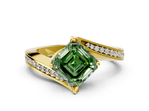 Yellow gold Fancy Green Asscher Cut Solitaire Diamond Twist Band with Pavé Setting and Four-Prong Setting