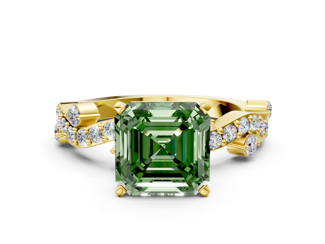 Yellow gold Fancy Green Asscher  Cut Solitaire Diamond Twisted Band with Pave Setting_17