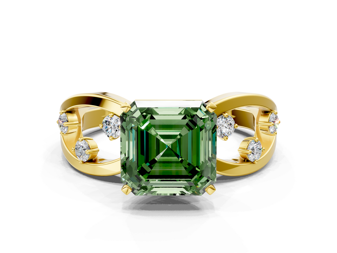 Yellow gold Fancy Green Asscher  Cut Solitaire Diamond with Side Stones on Criss-Cross Band and Four-Prong Setting