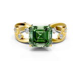 Yellow gold Fancy Green Asscher  Cut Solitaire Diamond with Side Stones on Criss-Cross Band and Four-Prong Setting