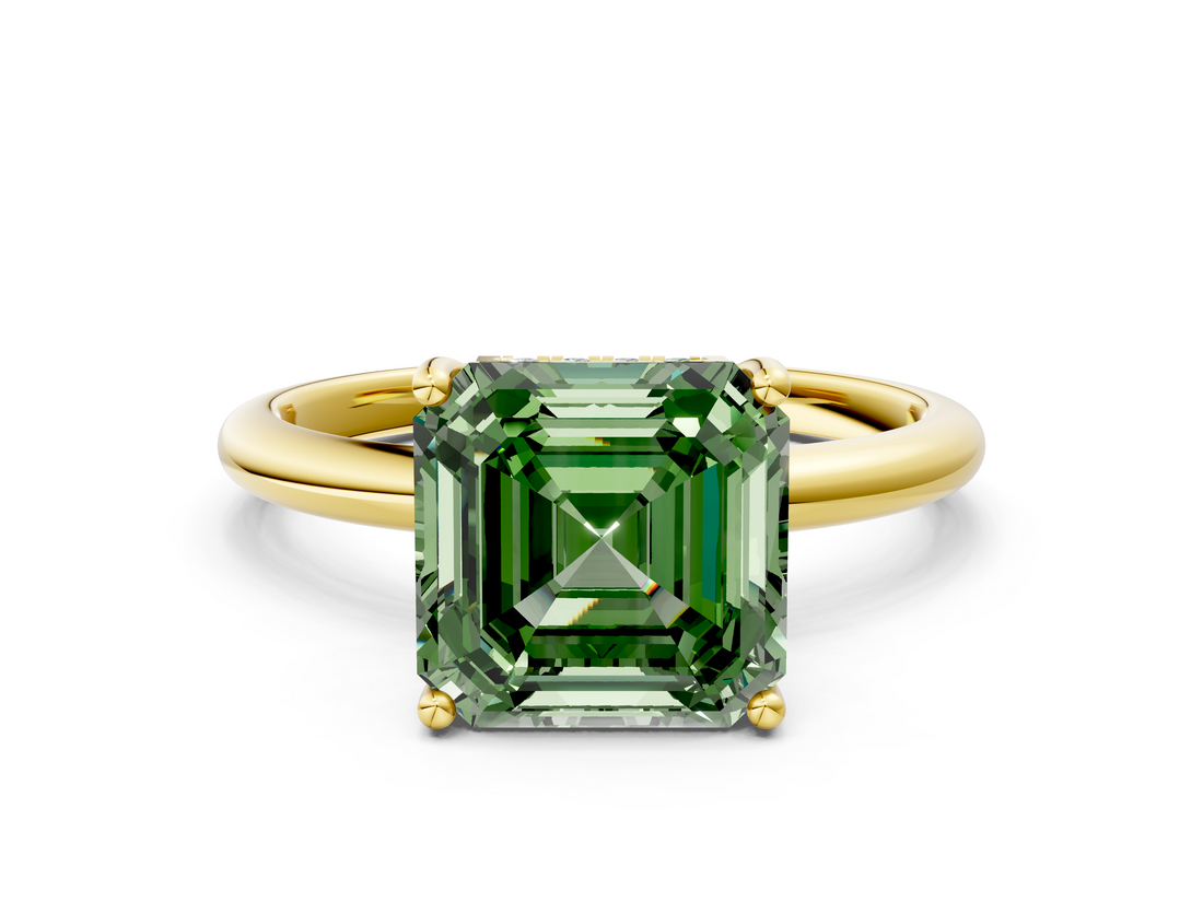 Yellow gold Fancy Green Asscher  Cut Solitaire Engagement Ring with Four-Prong Setting and Classic Band_17