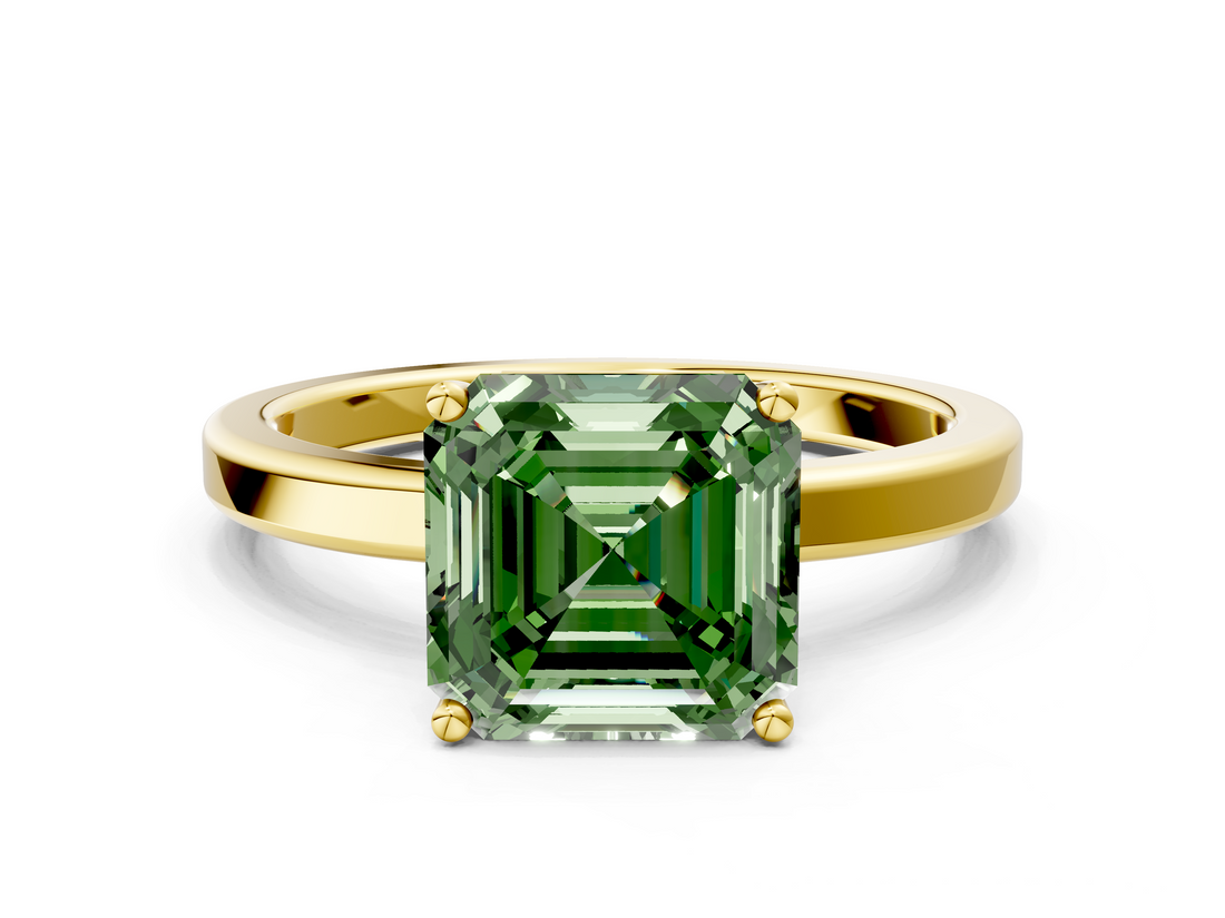 Yellow gold Fancy Green Asscher  Cut Solitaire Engagement Ring with Four-Prong Setting on a Classic Band