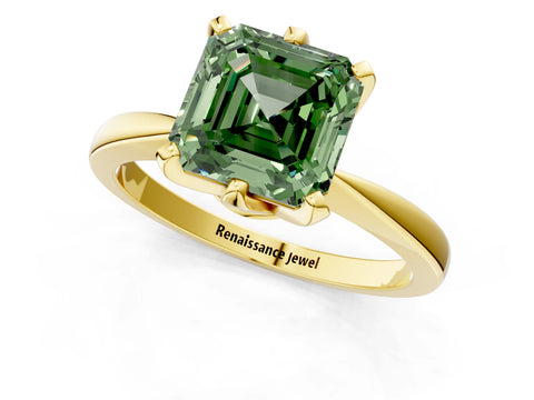 Yellow gold Fancy Green Asscher Cut Solitaire Engagement Ring with Six-Prong Setting and Tapered Band_1