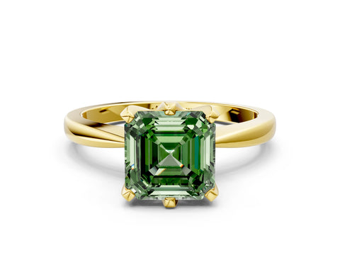 Yellow gold Fancy Green Asscher Cut Solitaire Engagement Ring with Six-Prong Setting and Tapered Band