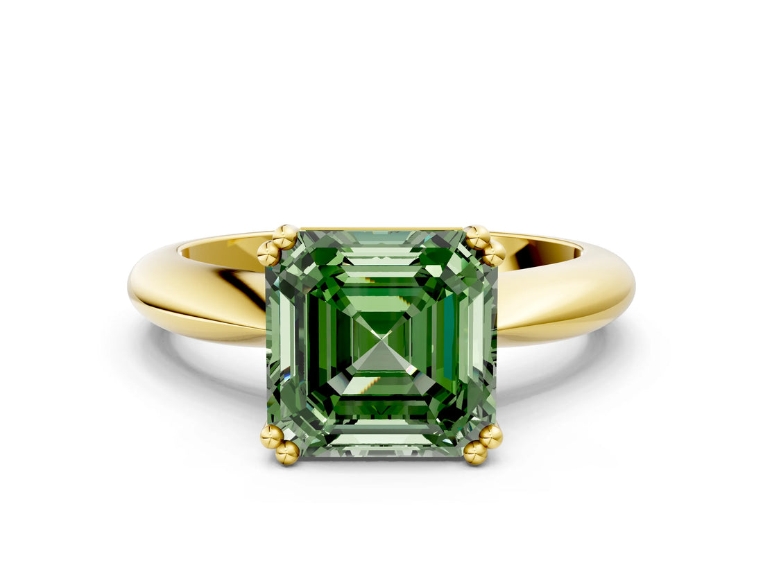 Yellow gold Fancy Green Asscher  Cut Solitaire Engagement Ring with Tapered Band and Four-Prong Setting