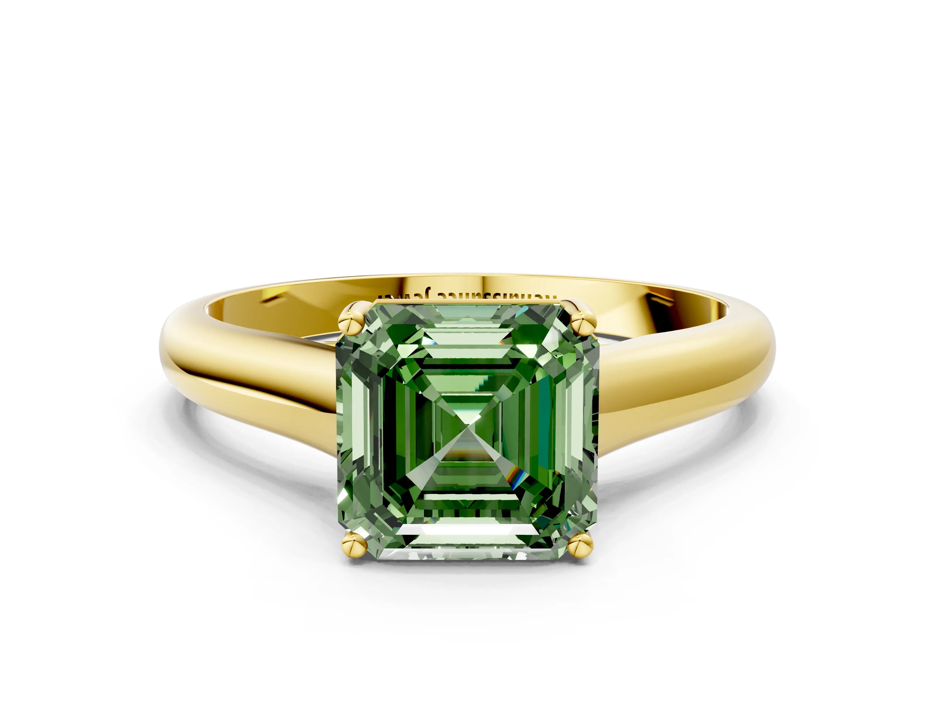 Yellow gold Fancy Green Asscher Cut Solitaire Engagement Ring with Tapered Band and Four-Prong Setting_3