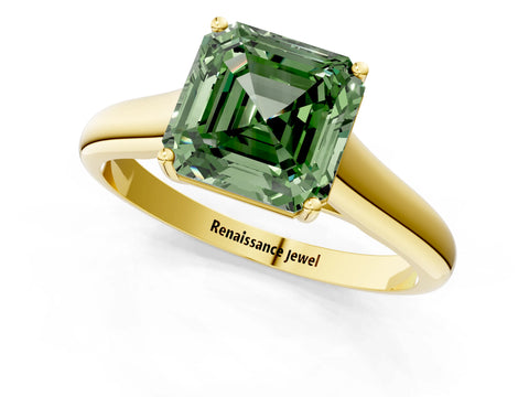Yellow gold Fancy Green Asscher Cut Solitaire Engagement Ring with Tapered Band and Four-Prong Setting_4