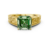 Yellow gold Fancy Green Asscher  Cut Solitaire Engraved Band with Four-Prong Setting