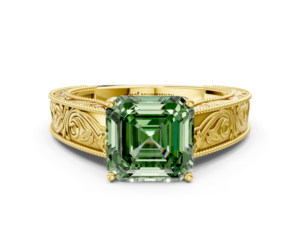 Yellow Gold Asscher Cut Vintage Engraved Solitaire Engagement Ring Setting for Fancy Green Center