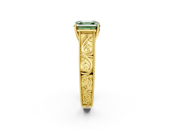 Yellow Gold Asscher Cut Vintage Engraved Solitaire Engagement Ring Setting for Fancy Green Center
